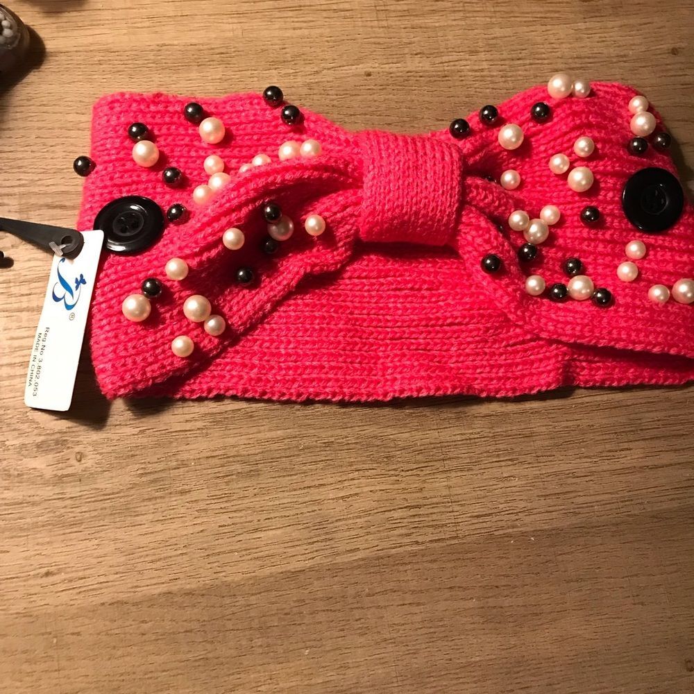 Hot Pink Bow Knot Button Pearl Cozy knitted Sweater headband